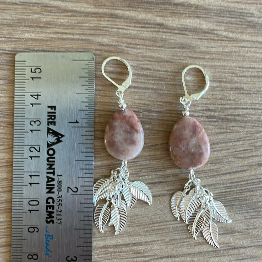 HAND CRAFTED SUNSTONE PIERCED EARRINGS Boho Dangling Leaves